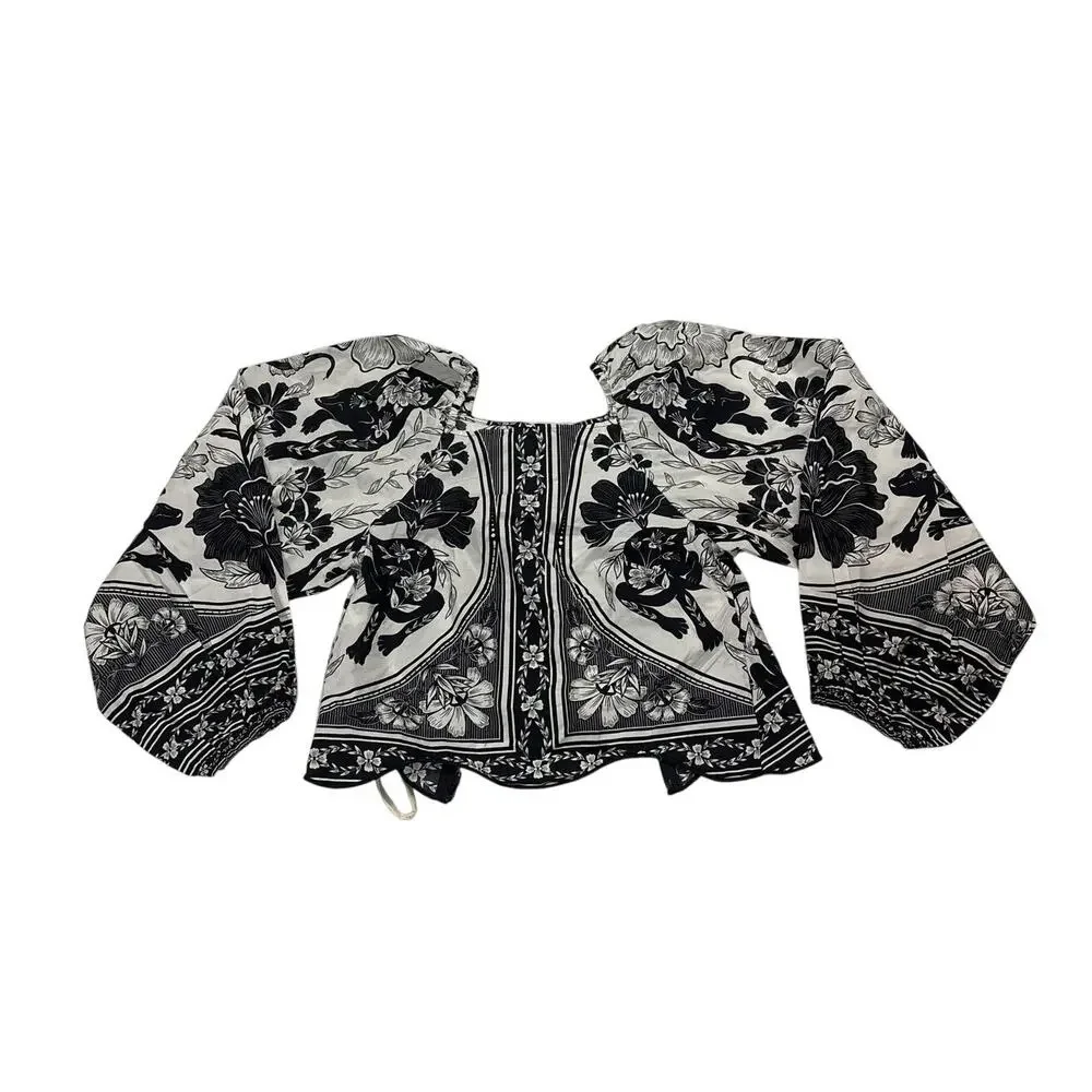 NWT Farm Rio Women’s XXS Flower Leopard Blouse Puff Sleeve Chic Boho Vacation